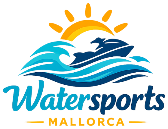 Logo with sun, waves, and boat, titled 'Watersports Mallorca'.