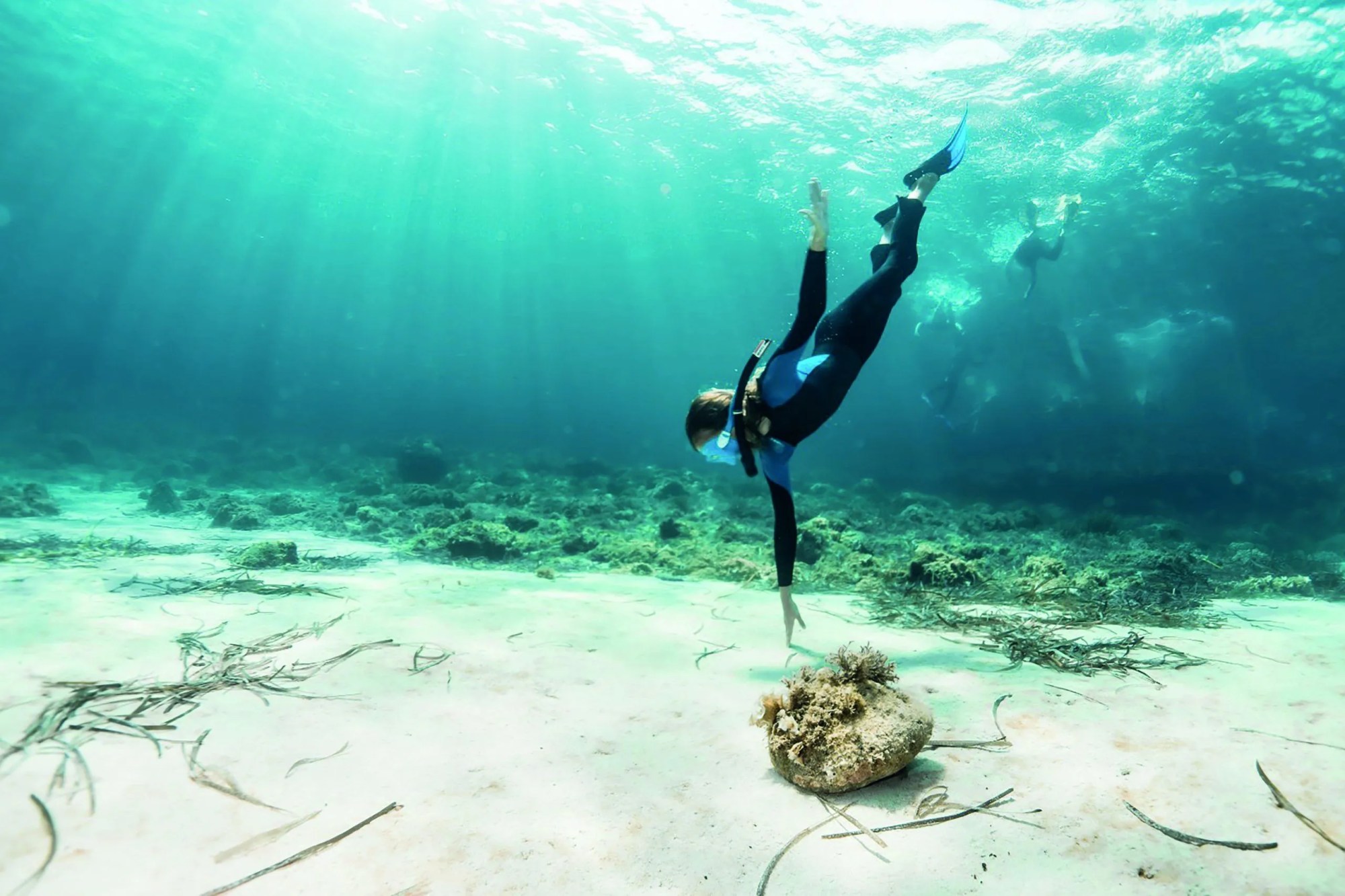 Person snorkeling underwater near rocks and seaweed with sunlight filtering through water.