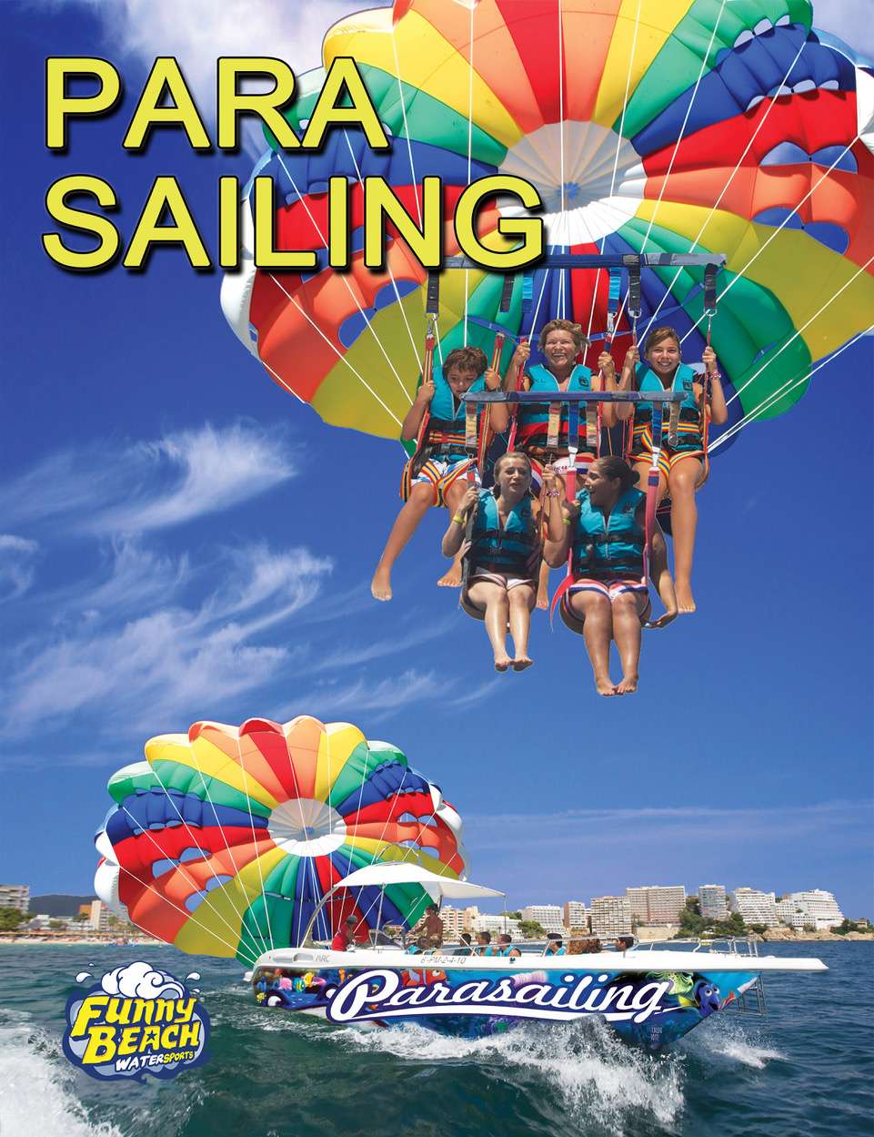 Group parasailing with colorful parachutes over ocean and boat labeled 'Parasailing'.