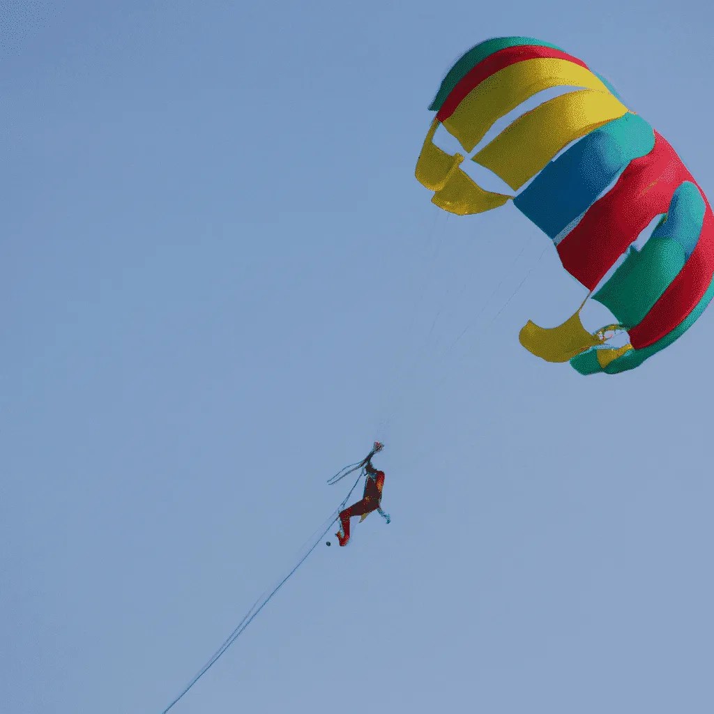 Person parasailing with a colorful parachute against a clear blue sky.