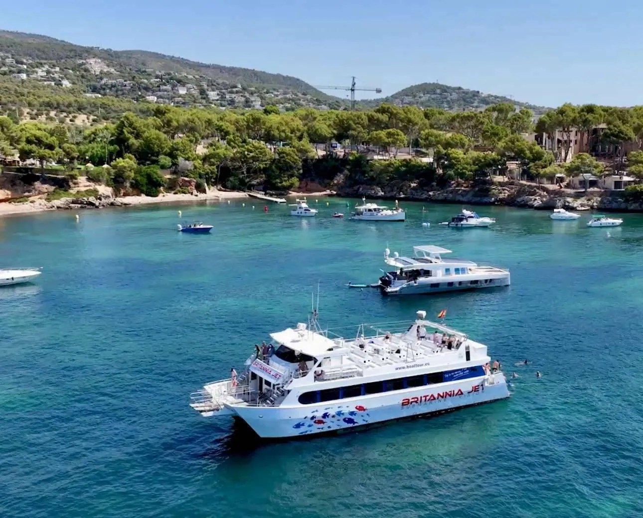 Multiple boats in a clear, blue bay surrounded by pine forested hills.